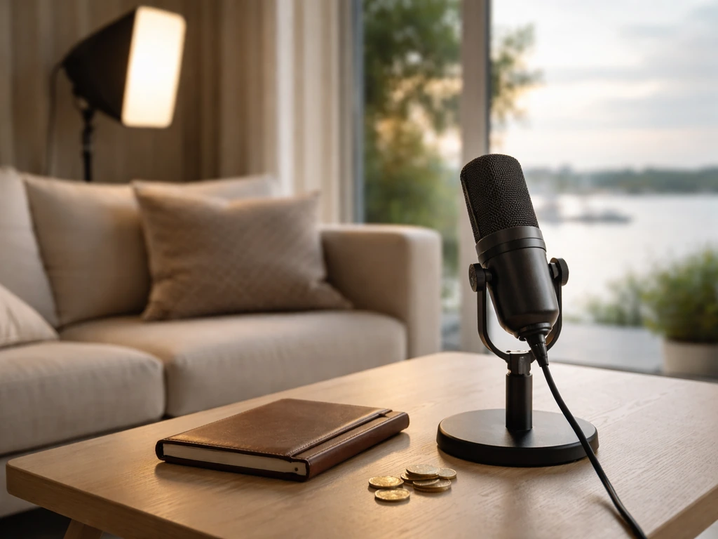 Coins on a table beside a podcast microphone in a calm, staged living-room with studio lighting.