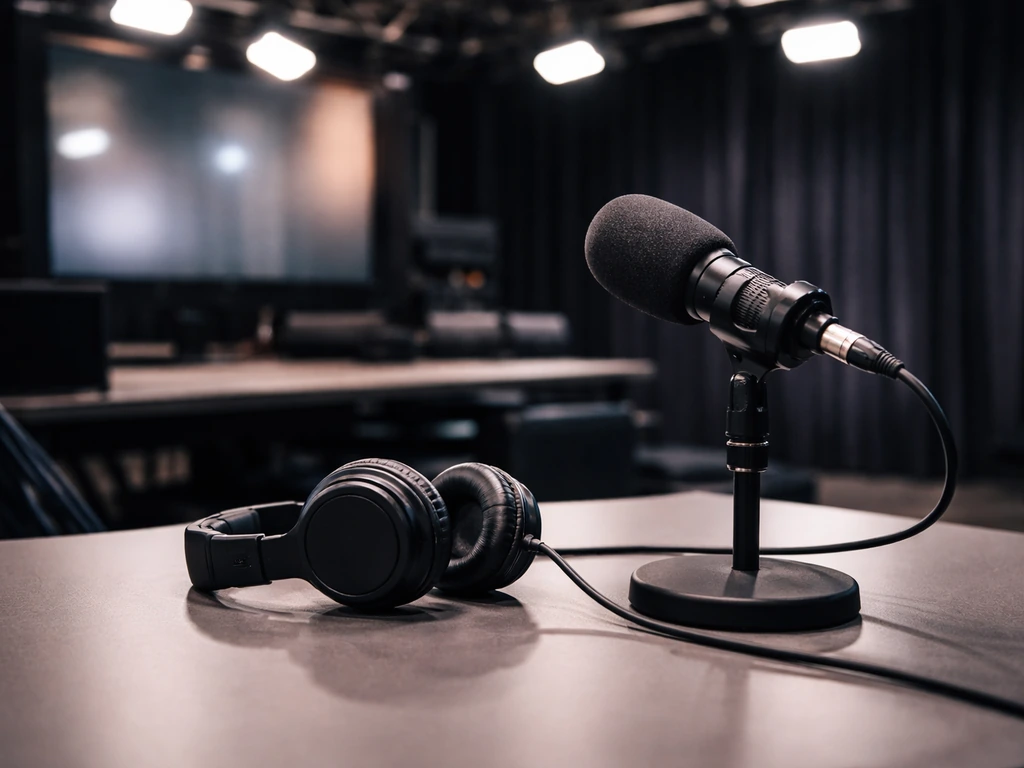 A modern TV studio desk with a microphone and soft lights, symbolizing a reality TV personality