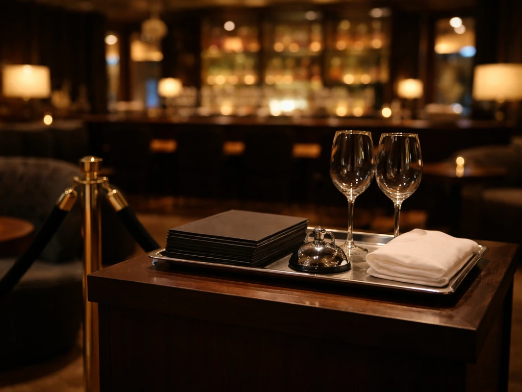 Anonymous lounge VIP host stand with glassware and a relaxed evening ambiance