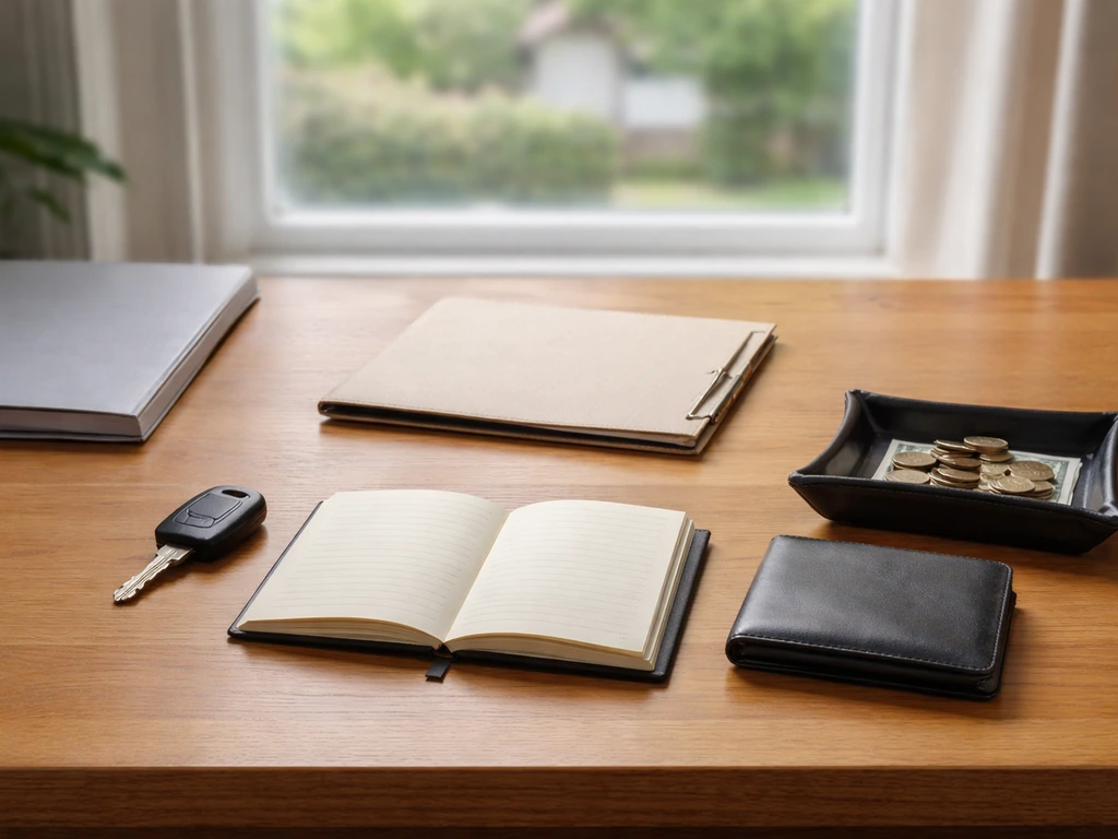 Neatly arranged financial items on a wooden desk suggesting assets, properties, investments, and liabilities.