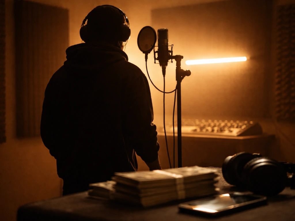 Afrobeats musician silhouette by a microphone in a dim studio, with warm lights suggesting earnings and streaming