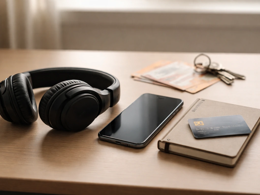 Minimal desk scene with headphones, phone, tickets, and card suggesting stacked income streams for an artist estimate.