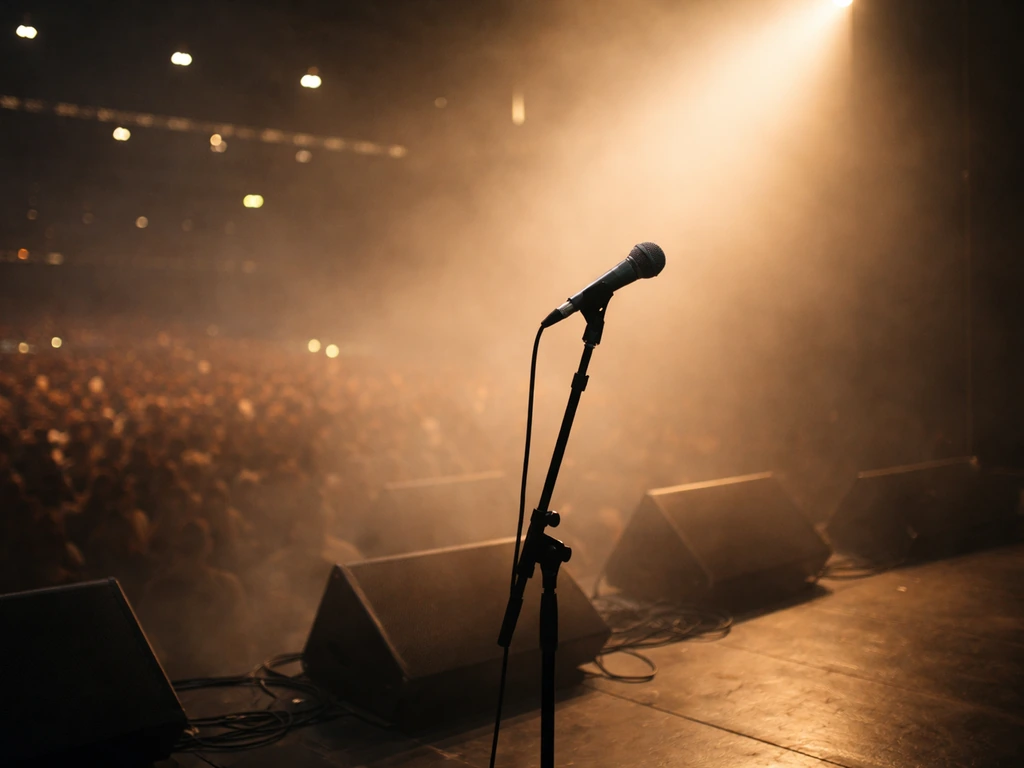 Spotlighted microphone on a small live stage with blurred crowd lights, suggesting international touring performances.