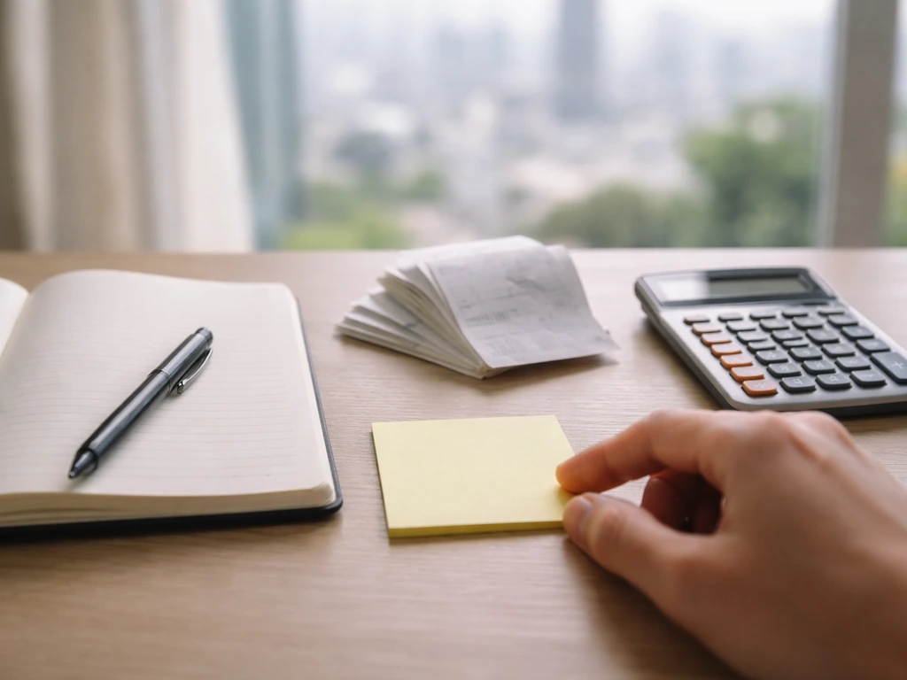 Minimal desk scene with calculator, receipts, and a phone suggesting media-to-money net worth analysis.