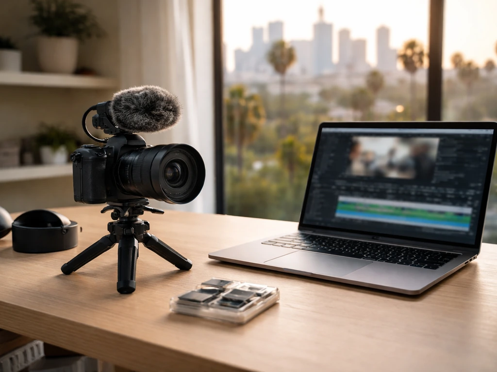 Los Angeles creator setup with camera gear and a laptop on a tidy studio desk, symbolic of net worth research.