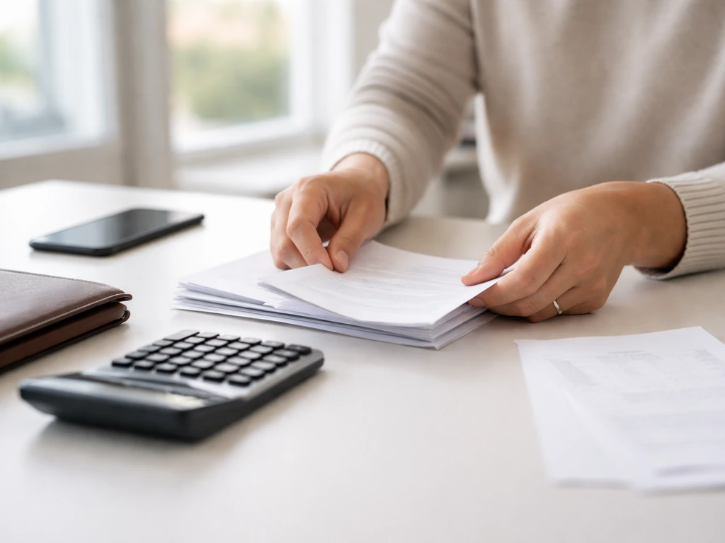 Anonymous hands sorting blank financial pages and using a calculator on a bright office desk
