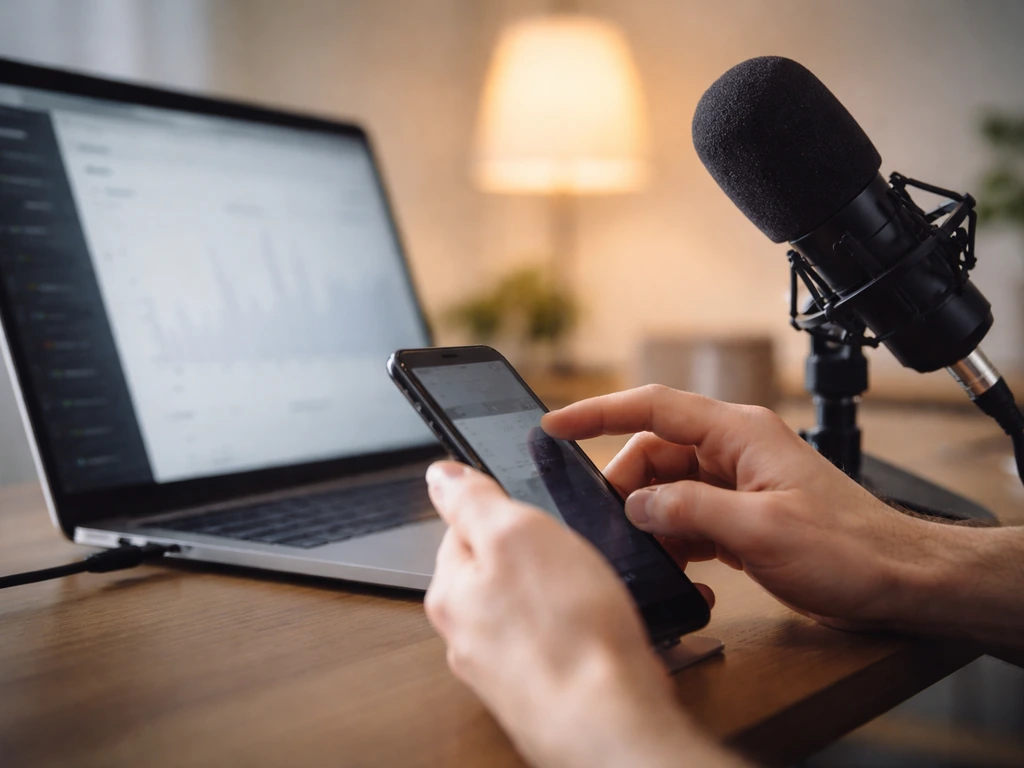 Close-up of hands adjusting a smartphone near a laptop showing a microphone setup, cozy desk lighting