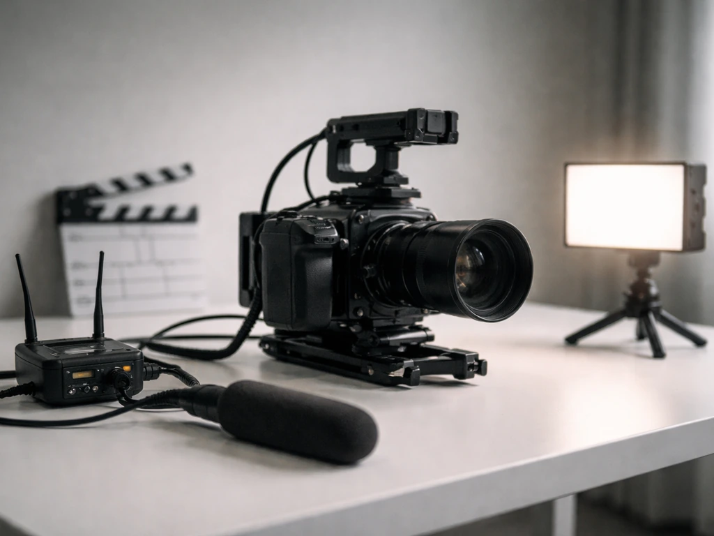 Minimal film production setup with cinema camera, LED light, wireless mic, and a clapperboard on a table.