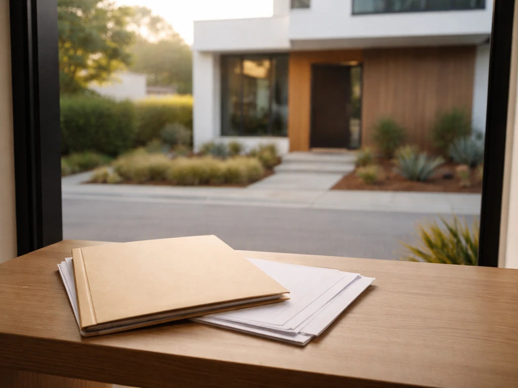 Los Angeles-style home exterior with a close-up of a real-estate record folder and a blurred neighborhood street