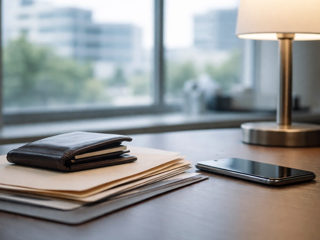 Minimal office desk scene with wallet and smartphone, symbolizing credible financial estimation for net worth.