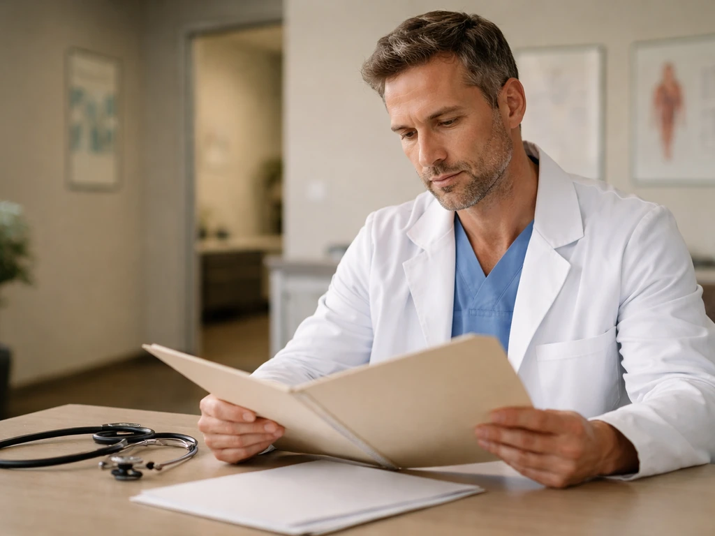 Medical director in a calm pain-management clinic office, focused and professional.