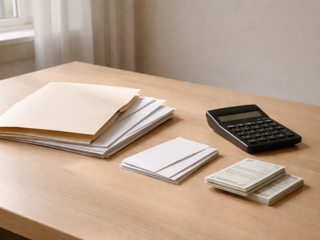 Minimal photo of a closed folder and small envelopes beside a calculator, symbolizing debts reducing net worth.
