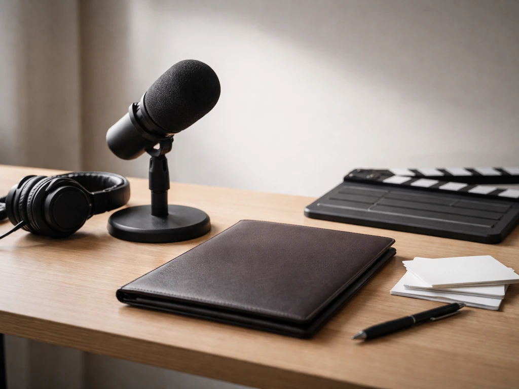 Minimal media-and-money themed scene: podcast-style studio desk with mic and financial folder, anonymous