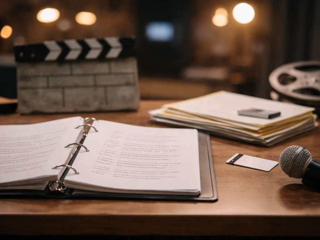 Minimal studio desk scene with a closed script binder and warm studio lights suggesting TV residuals.