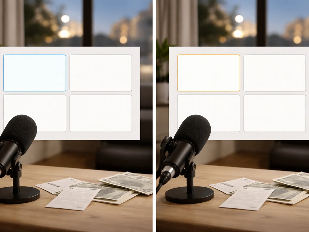 Split view of two empty desk cards with microphones and scattered cash receipts, suggesting differing net worth methods.