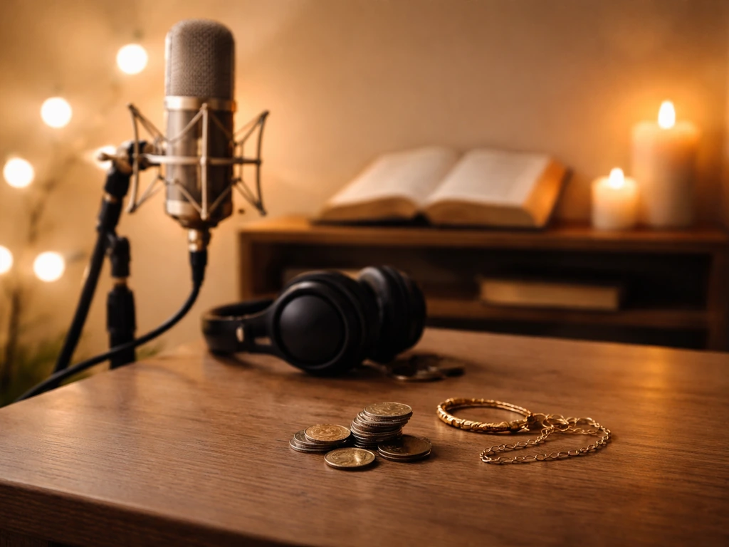 Warm gospel studio desk with microphone, headphones, open Bible, and symbolic coins on a wooden table.