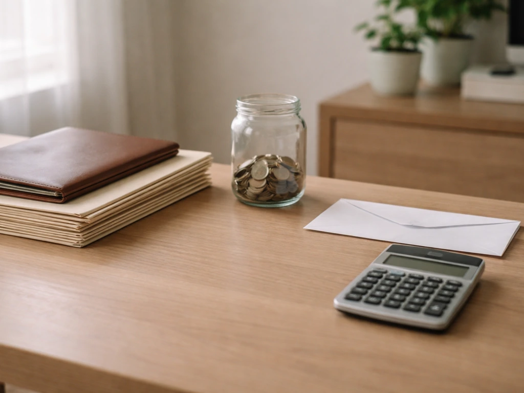 Clean home office desk with portfolio, blank papers, calculator, and coins symbolizing assets vs liabilities.