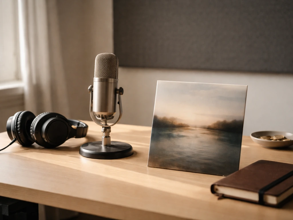 Quiet home recording studio with vintage microphone and a neatly placed gospel album cover-style sleeve