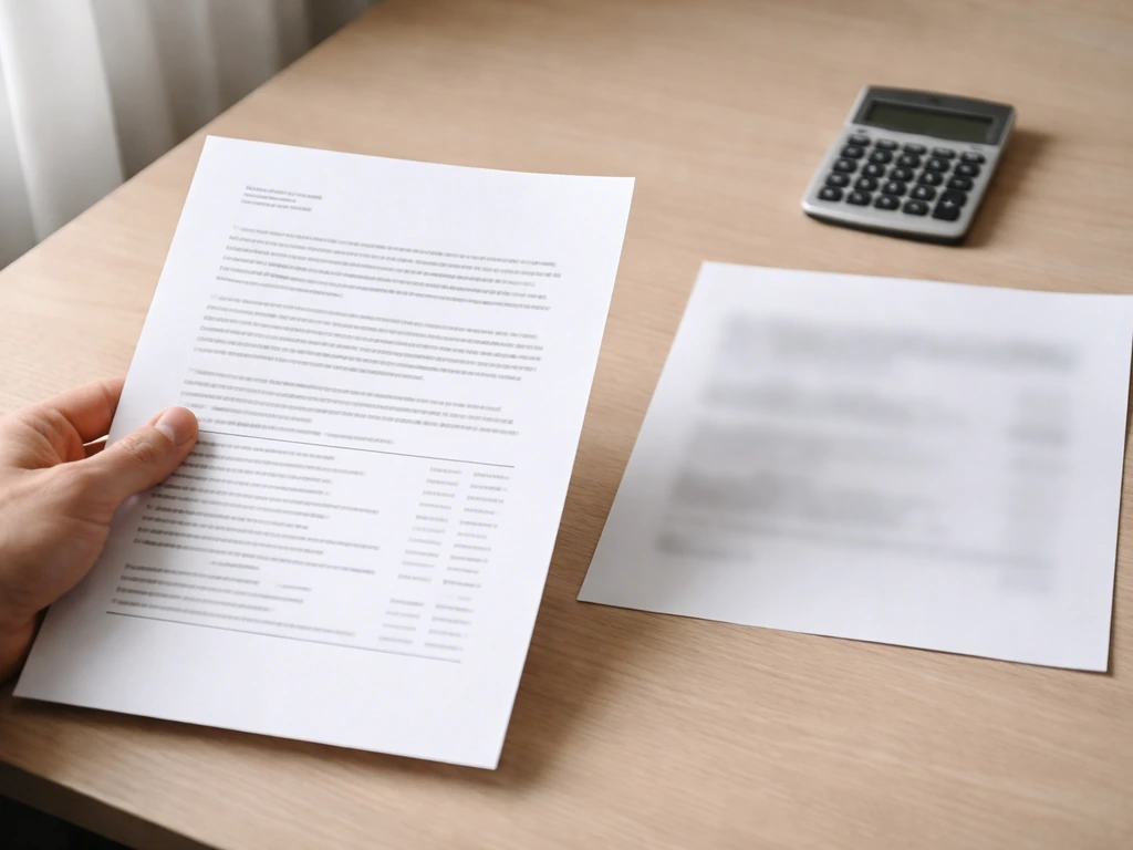 Close-up of a hand comparing a business document and a blurry screenshot on a desk with a calculator