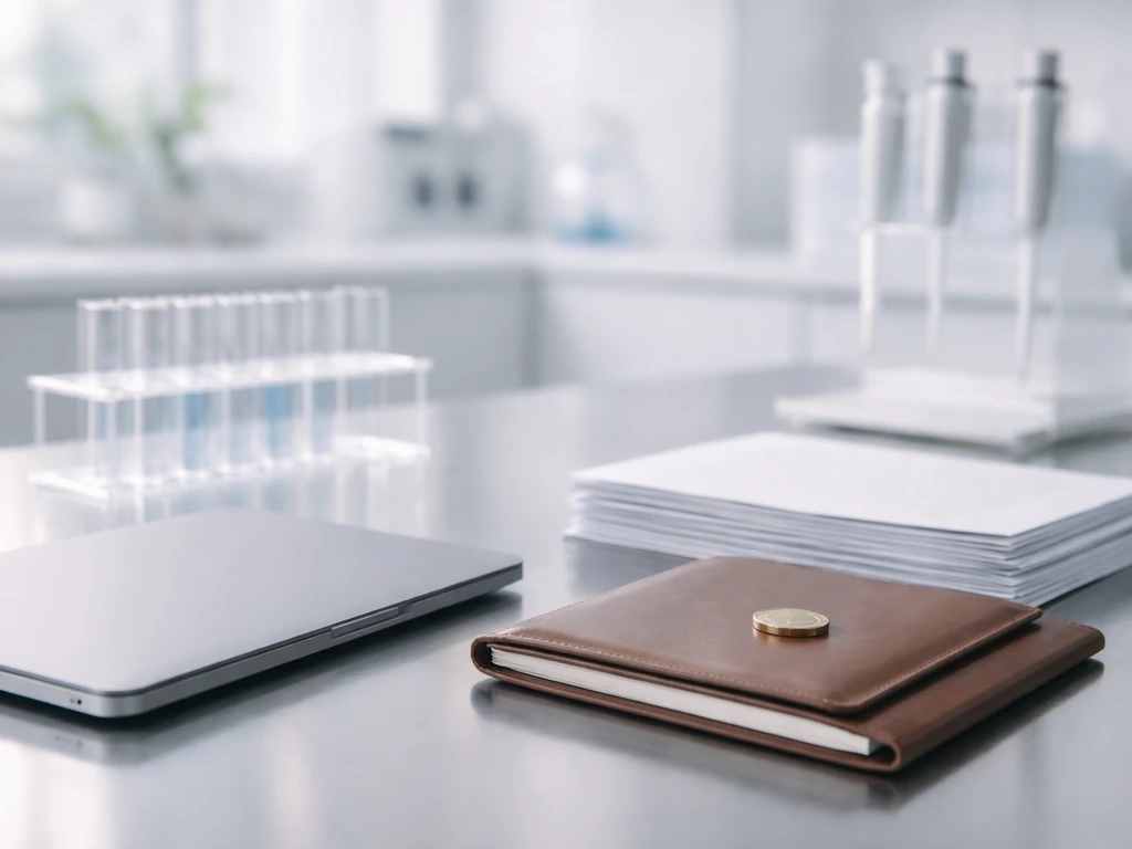 Biotech lab bench with test tubes and a laptop beside neatly arranged documents, symbolizing wealth research.