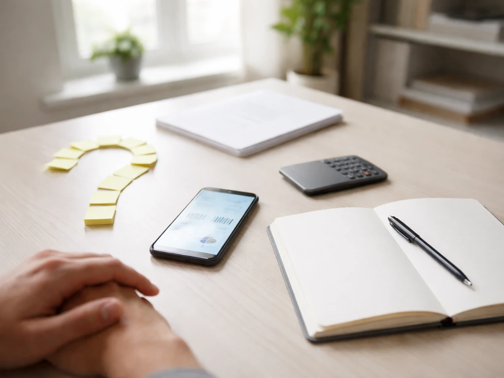 Minimal desk scene with a smartphone and notebook, suggesting a financial estimate and caveats without readable text.