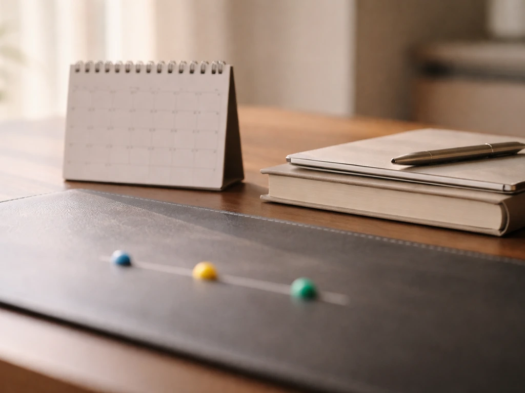 Minimal timeline of milestones shown as blurred desk objects and a calendar, symbolizing career earnings growth.