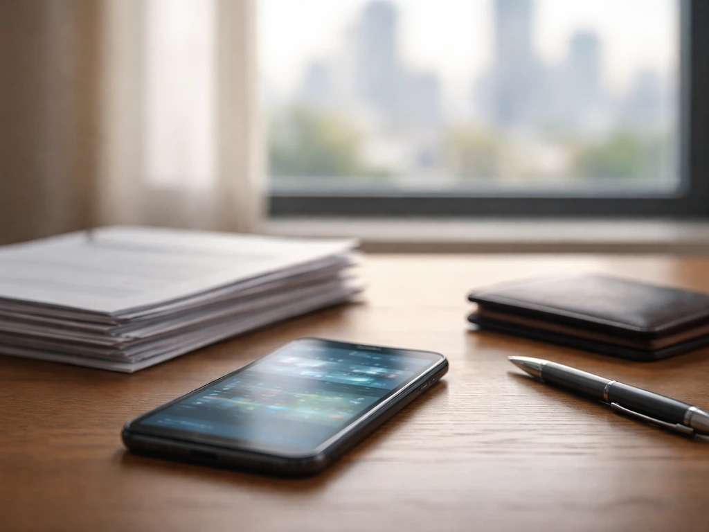 Minimal photo of a desk with documents and a smartphone showing a blurred financial dashboard glow (no text).