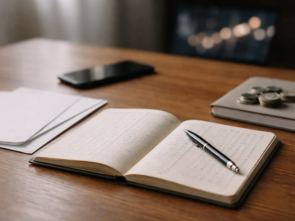 Minimal desk scene with open ledger, smartphone, and coins symbolizing a net worth estimate methodology