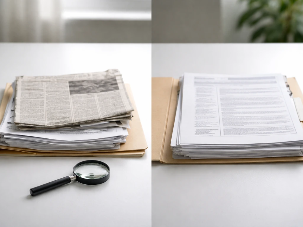 Desk photo showing crumpled press clippings versus neatly stacked official filings under natural light.