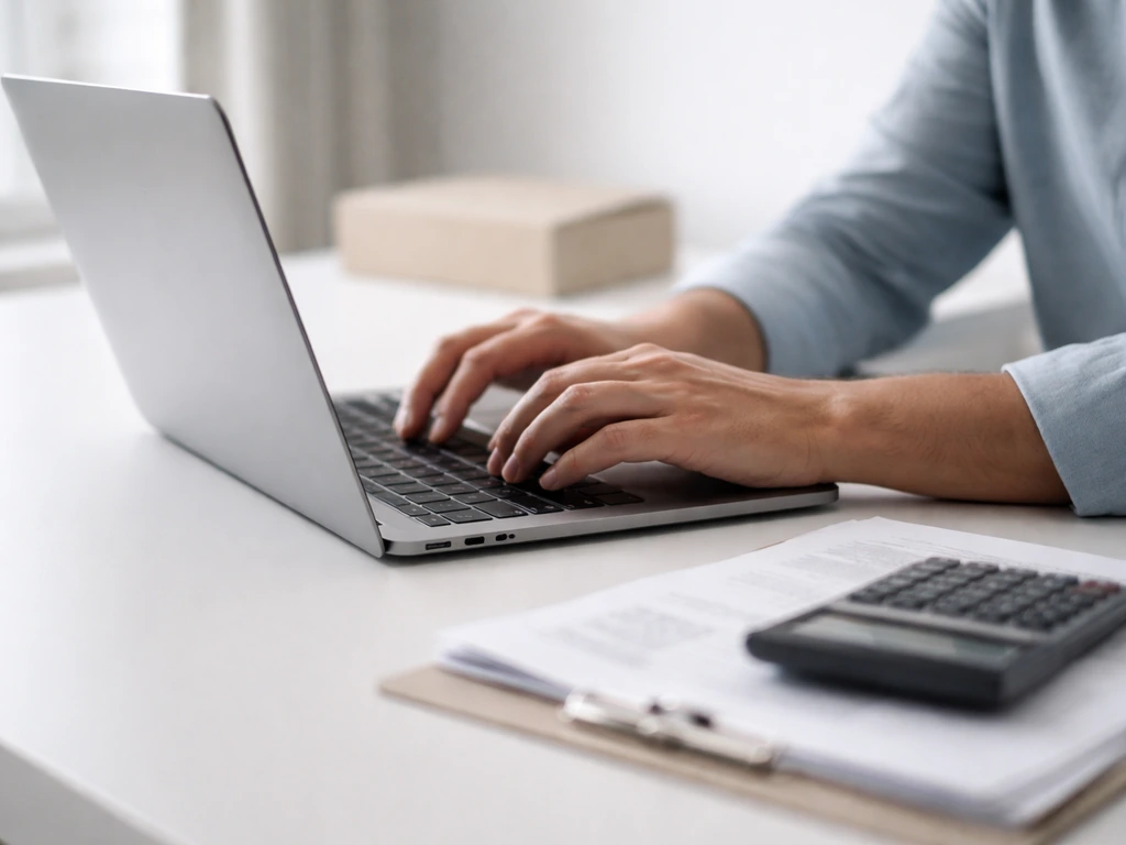 Minimal office scene with a laptop and blurred finance documents suggesting asset and liability calculation