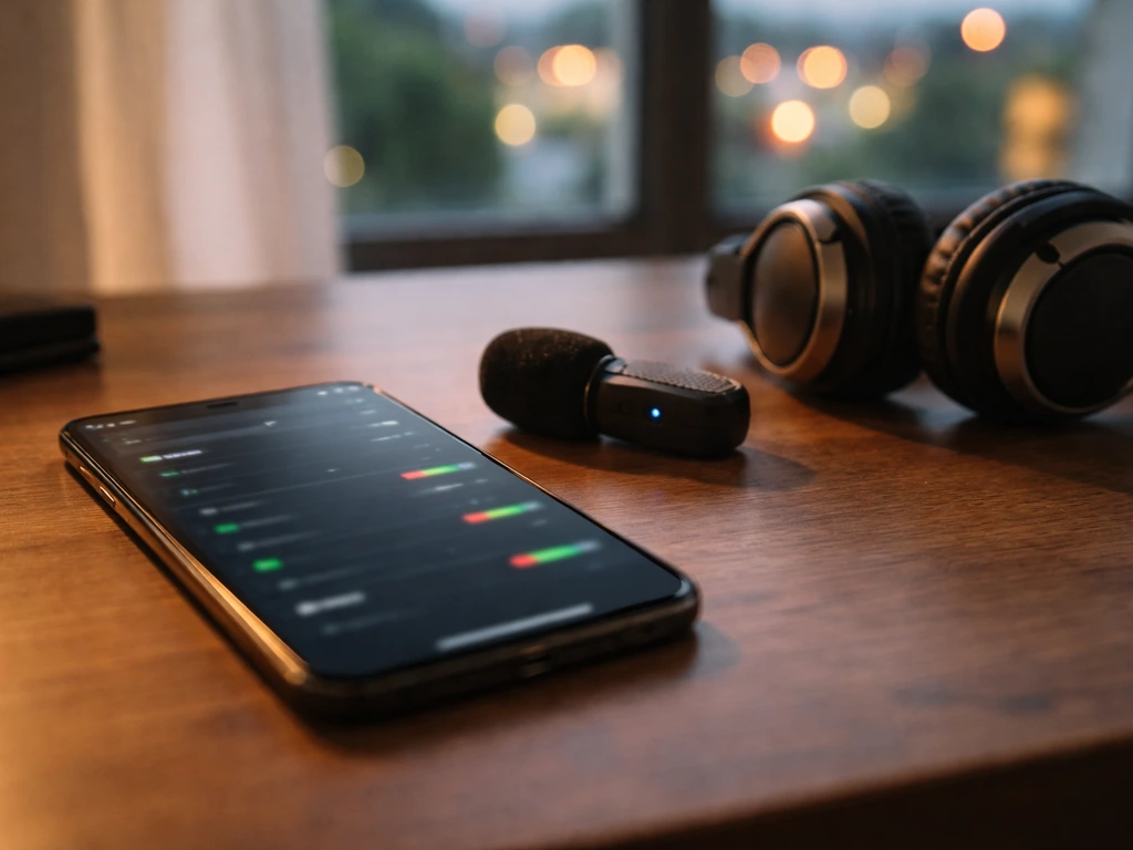 Minimal desk scene with a smartphone displaying blurred betting-style UI and startup audio gear.