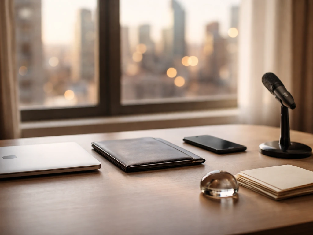 Minimal founder desk with laptop and investment-themed items, softly blurred NYC window light, no people.