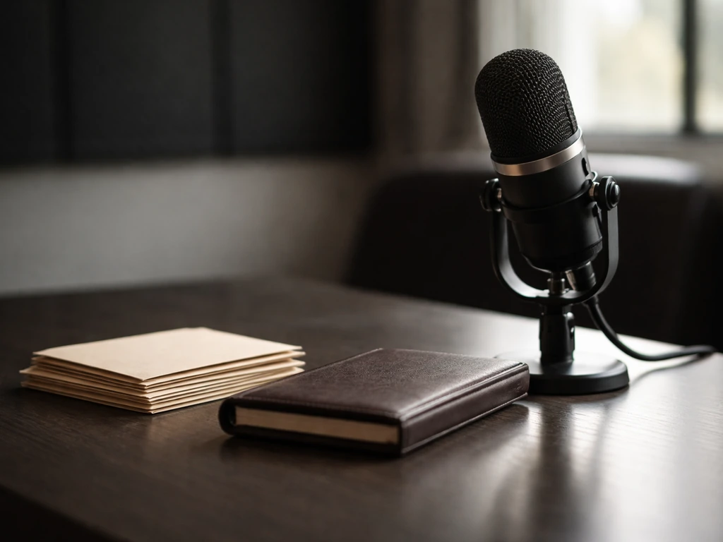 Minimal photo of a media studio desk with a microphone and neatly stacked cash envelopes, suggesting net worth analysis.