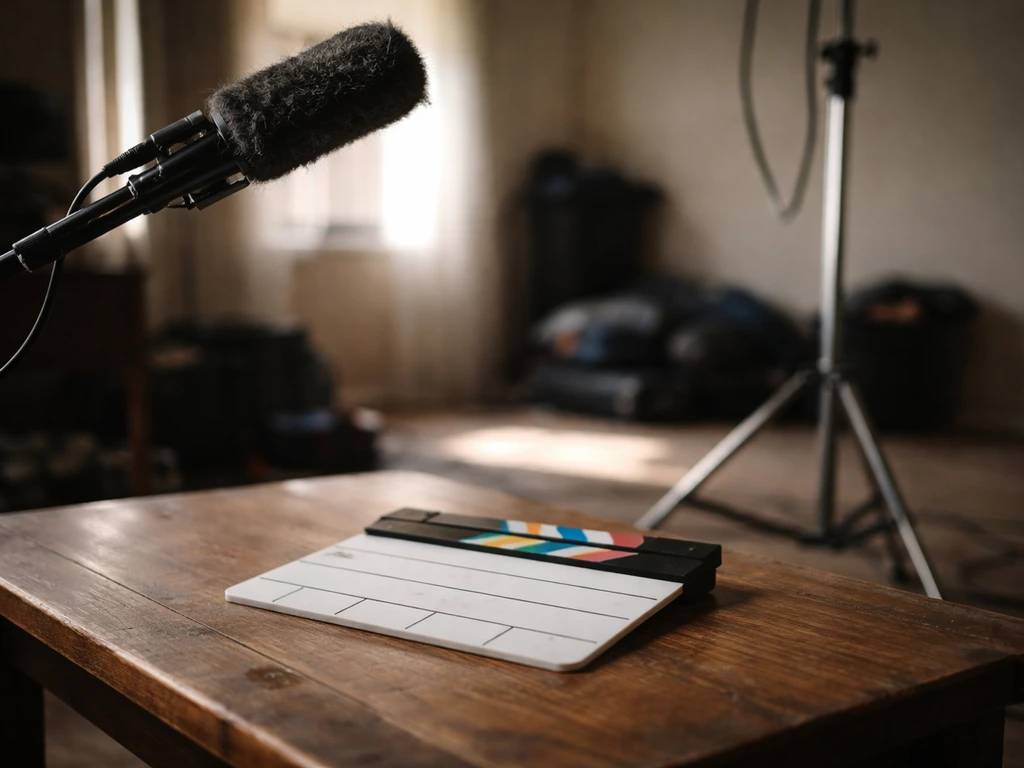 Clapperboard and boom mic on a quiet independent film set, no people present.