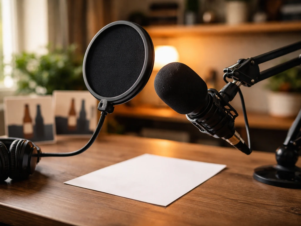 Close-up of podcast microphone with pop filter on a desk, warm light, branded vibe with simple signage background.