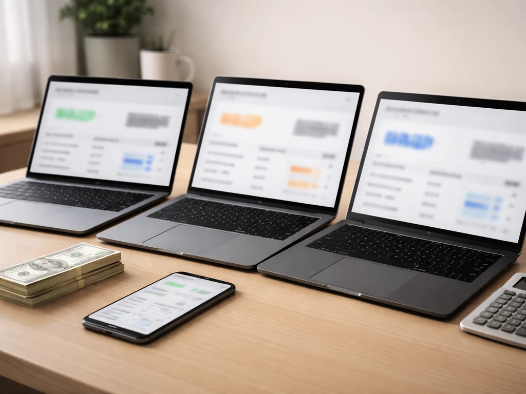 Three devices on a desk showing blurred, differing financial estimates, symbolizing multiple net worth figures.