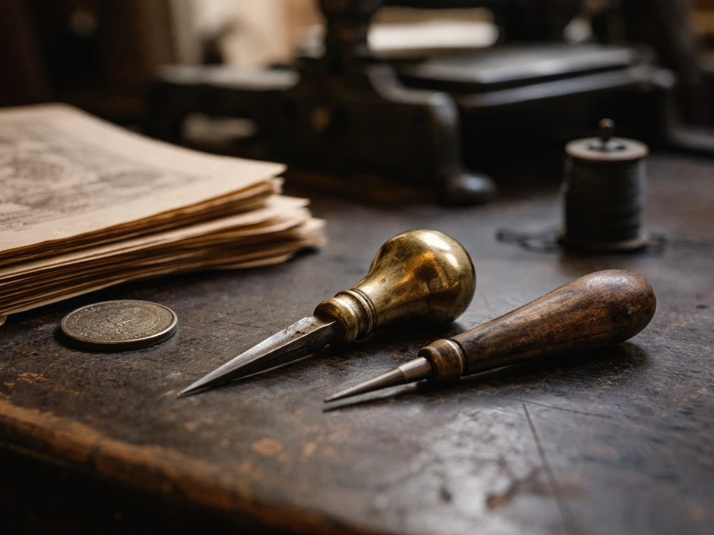 Victorian-era engraving tools beside aged paper and a coin, symbolizing historic wealth and printing business