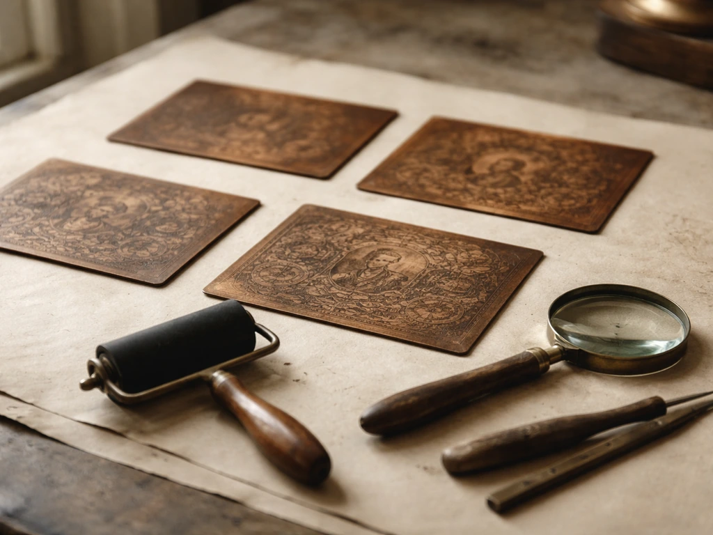 Antique engraving-style portrait plates on a desk with Victorian-era security printing tools