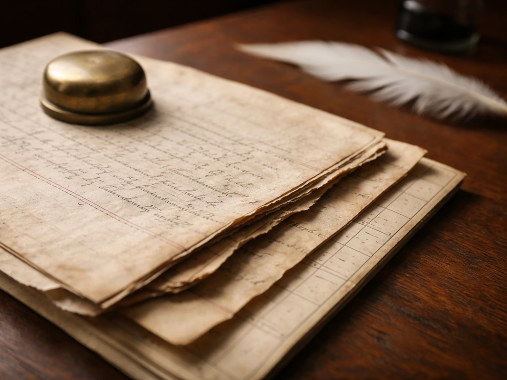 Close-up of aged probate and business record papers on a wooden desk with a brass paperweight.