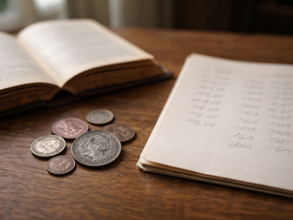 Open book and antique coins beside a notebook with a blurred handwritten conversion list, no readable text.