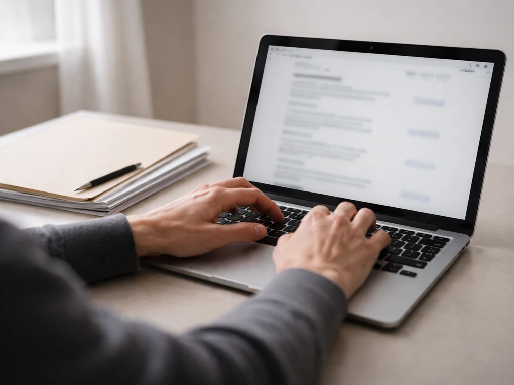 Person using a laptop to search official UK probate records, with a legal folder and pen on a desk