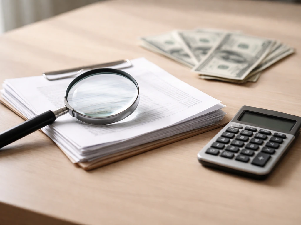 Minimal desk scene with a calculator, cash, and a magnifying glass over documents for net worth verification.