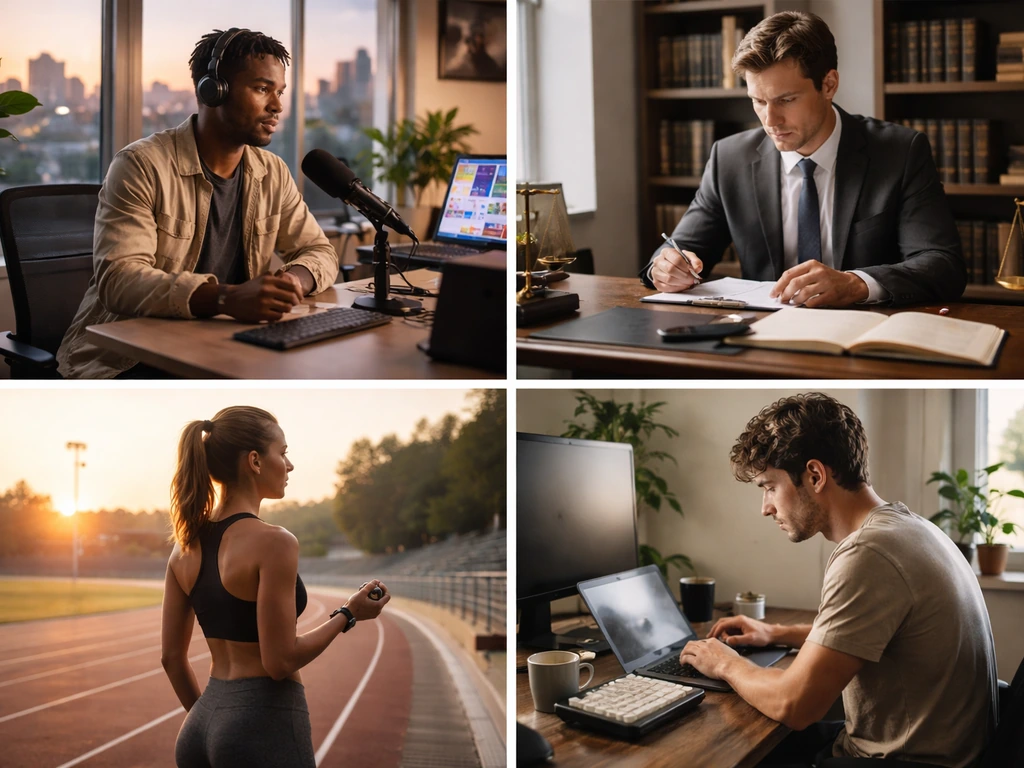 Four small photo thumbnails showing distinct anonymous professions: music executive desk, lawyer office, athlete track,