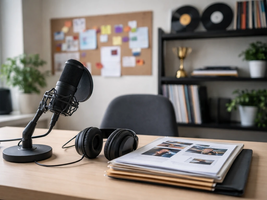 Empty music label marketing office desk with microphone, headphones, and blurred marketing materials.