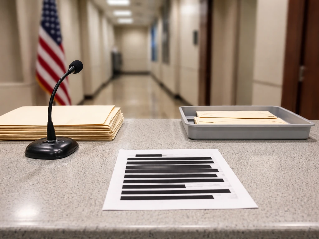 Anonymous government office counter with redacted payroll-style documents and sealed envelopes, no visible text.