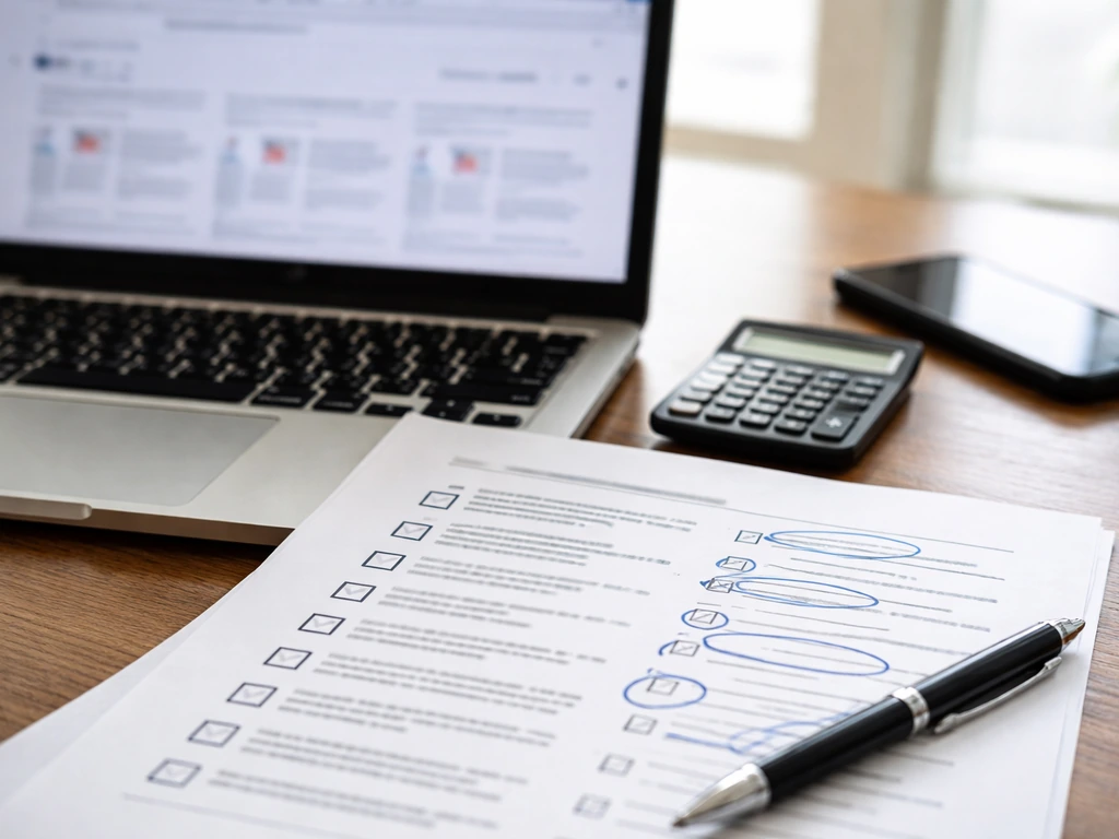 Close-up of a printed verification checklist next to blurred official documents on a laptop.