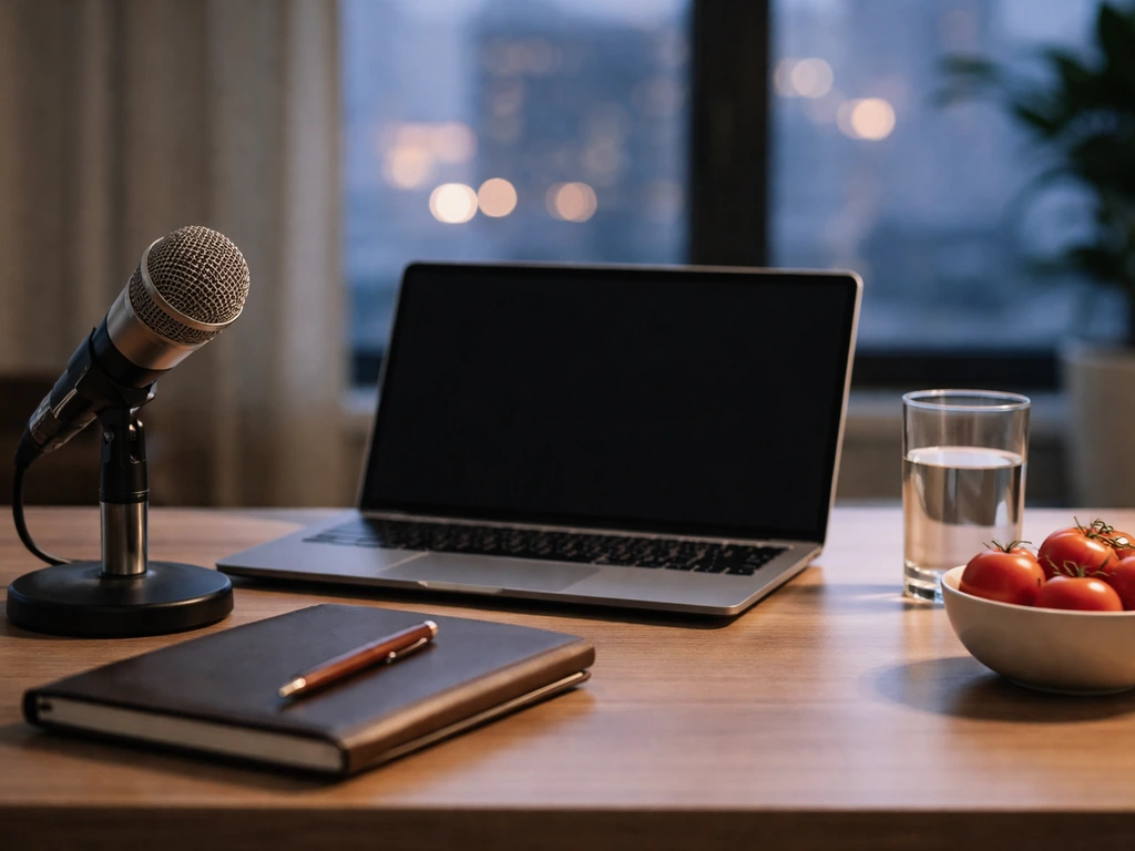 Minimal office desk with microphone, notebook, laptop, and red tomatoes by a window, symbolic business analysis.