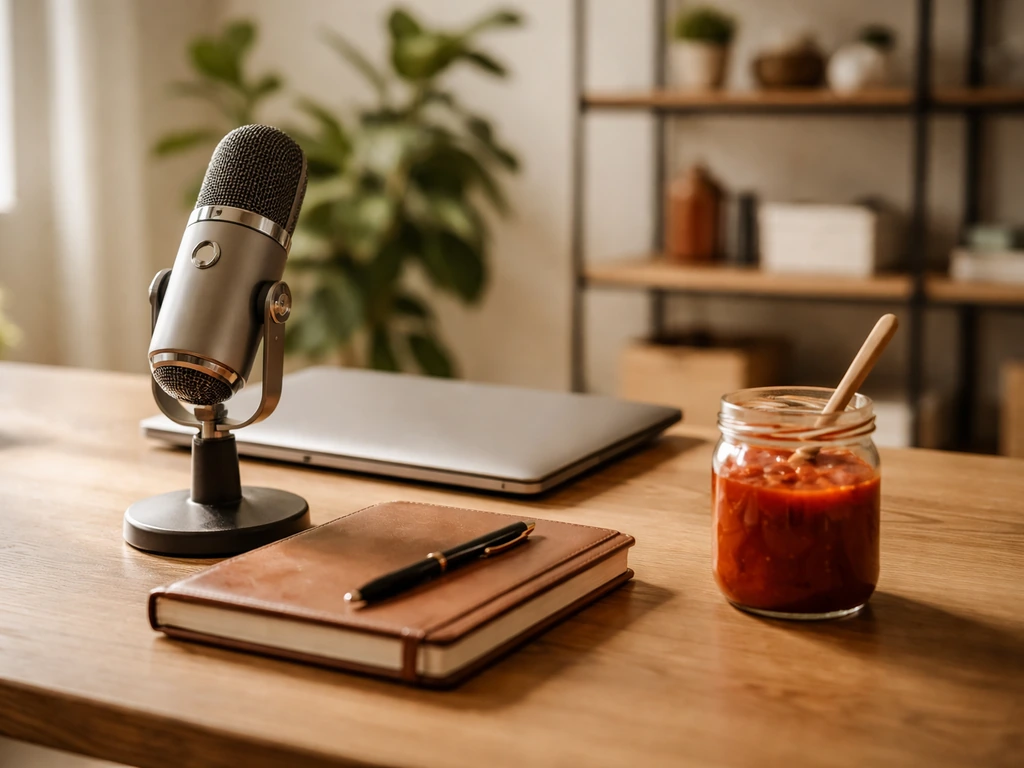 Quiet office desk with a microphone and a small jar of tomato sauce symbolizing business media and food processing