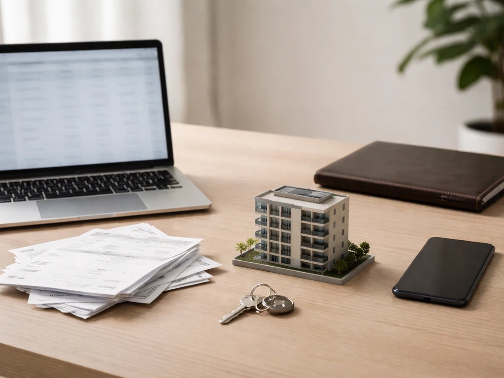 Minimal desk with laptop, invoices, and keys/real-estate model showing business operations and property wealth pillars.
