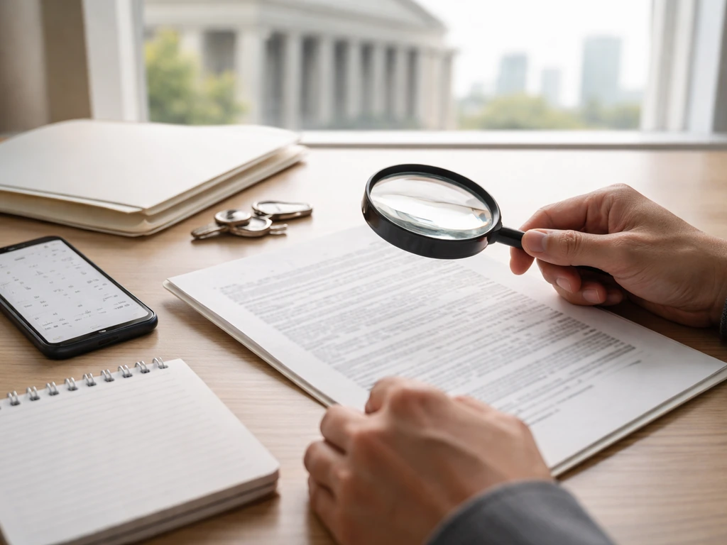 Hands with a magnifying glass reviewing business documents on a desk near a courthouse view.